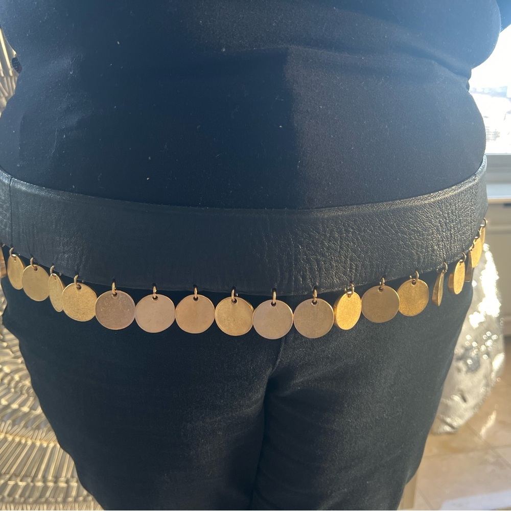 Donna Karan black leather gold coin belt. 38” long. Size indicated is S/M.